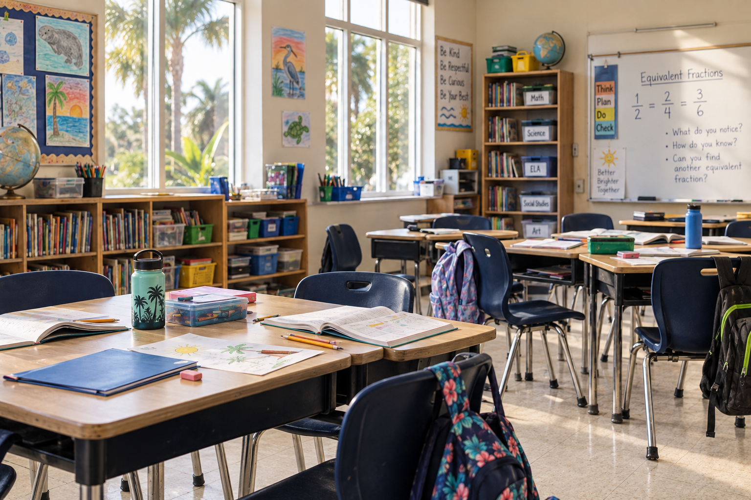 Illustrative AI-generated classroom with student work, open books, backpacks, and everyday learning supplies